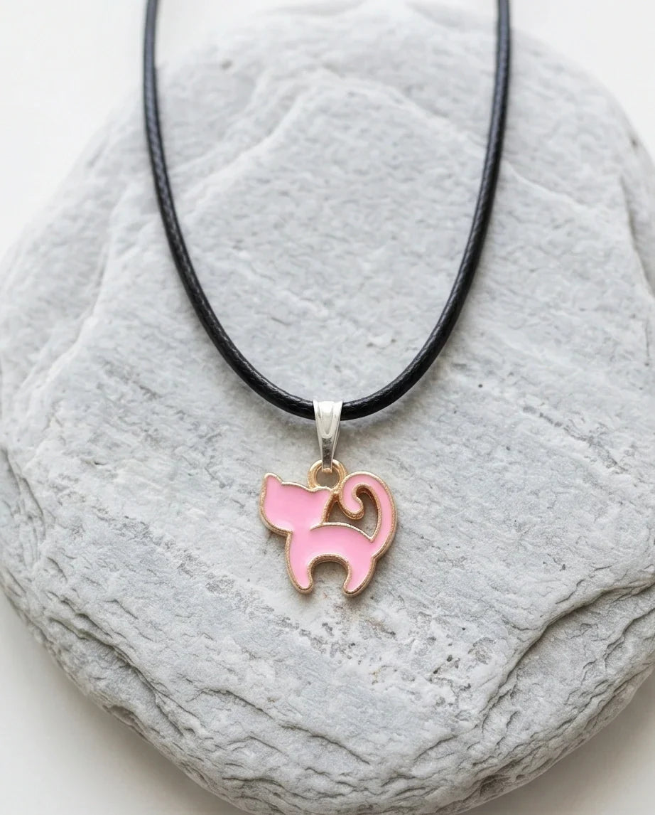 Playful Pink Cat Enamel Pendant Necklace