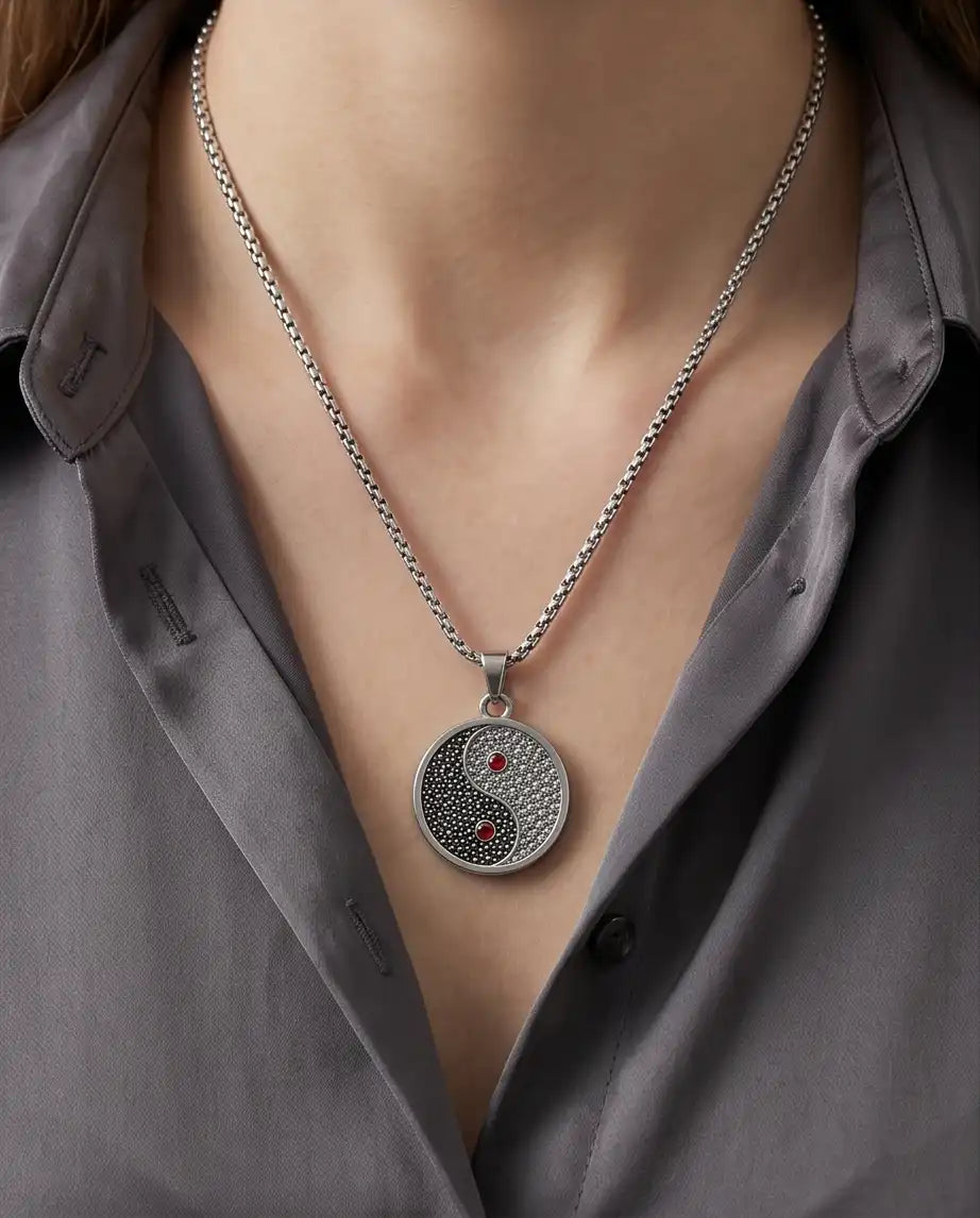 Red Gemstone Stippled Yin Yang Medallion Silver Box Chain Necklace