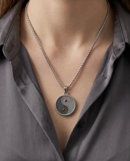 Red Gemstone Stippled Yin Yang Medallion Silver Box Chain Necklace