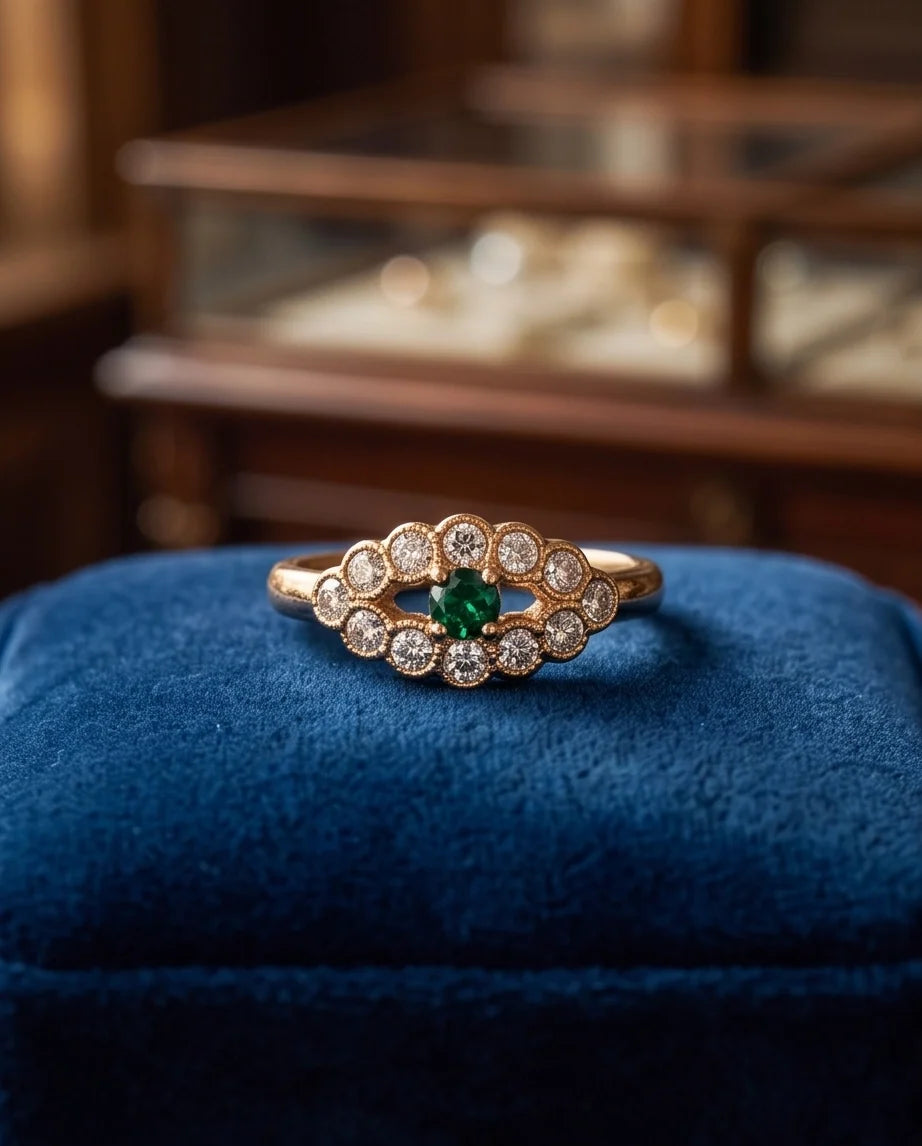 Emerald & Crystal Scalloped Halo Ring