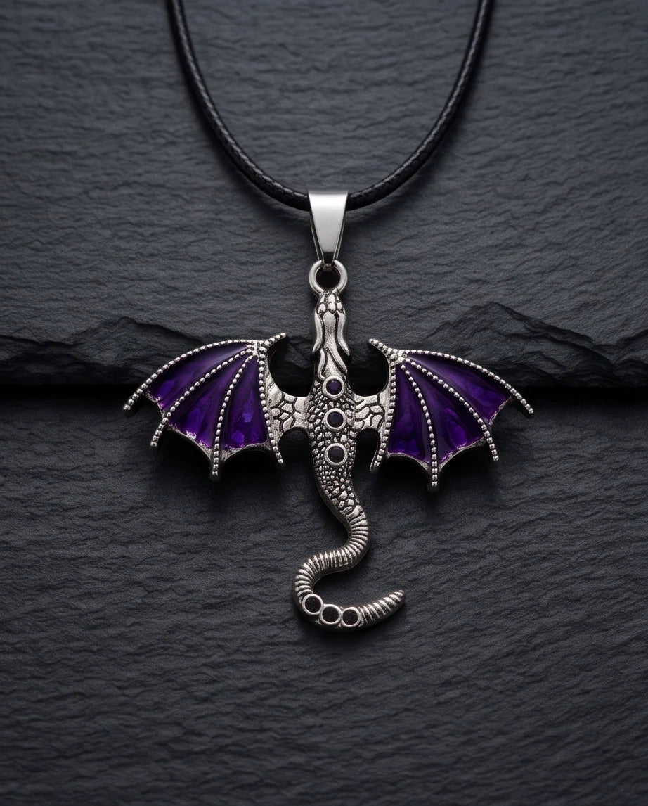 Silver Purple Enamel Dragon Wyvern Pendant Necklace