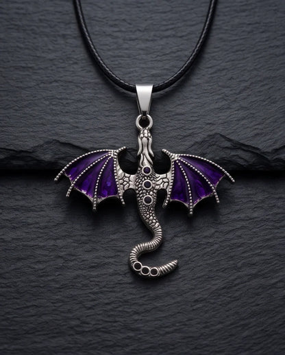 Silver Purple Enamel Dragon Wyvern Pendant Necklace