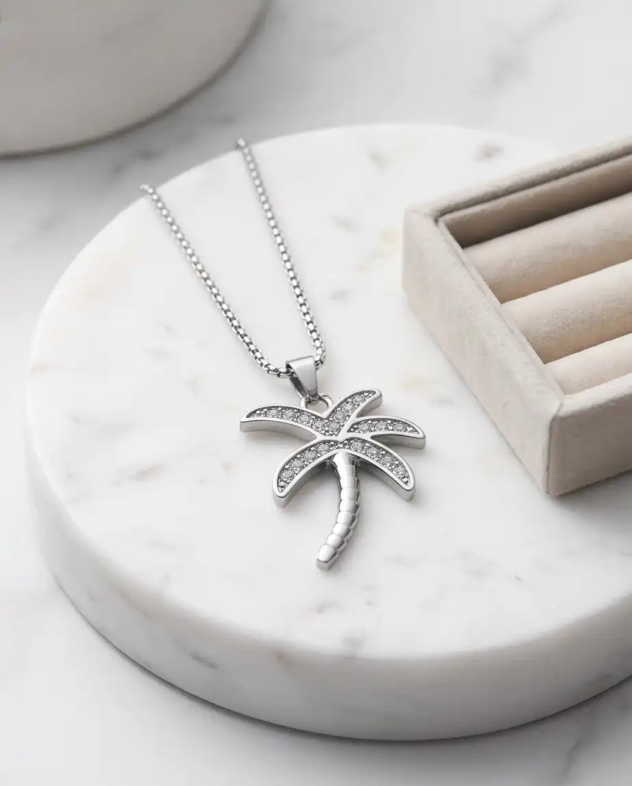 Iced Palm Tree Pendant Silver Box Chain Necklace