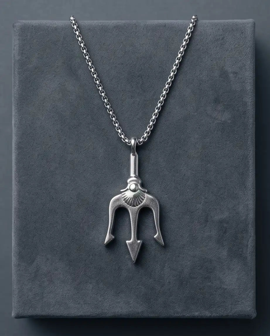 Trident Spear Pendant Silver Box Chain Necklace