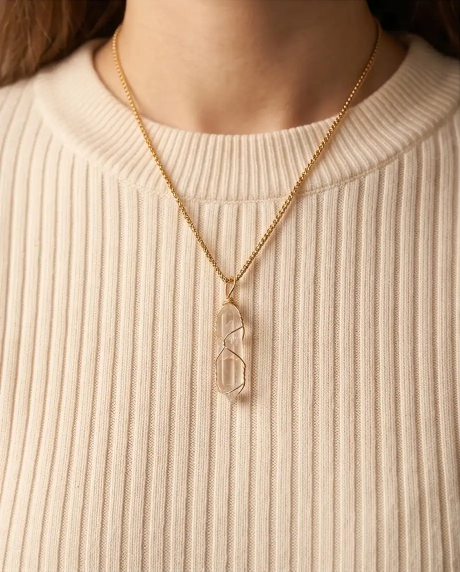 Wire-Wrapped Clear Quartz Crystal Point Pendant Box Chain