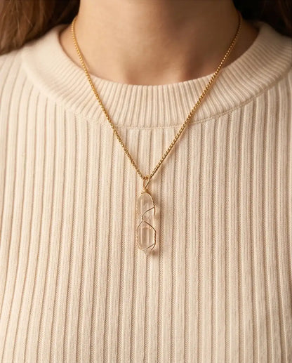 Wire-Wrapped Clear Quartz Crystal Point Pendant Box Chain
