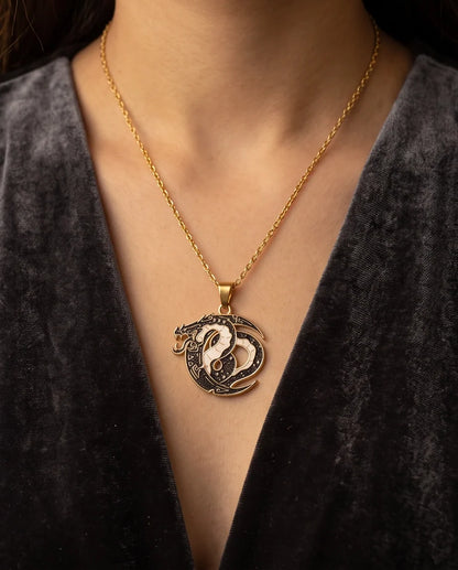 Gold Coiled Dragon Black & White Enamel Pendant Necklace