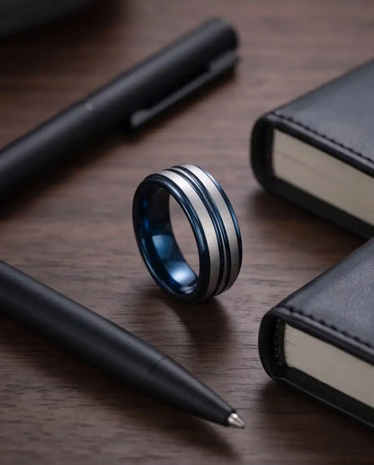 Two-Tone Brushed Silver and Blue Grooved Band Ring