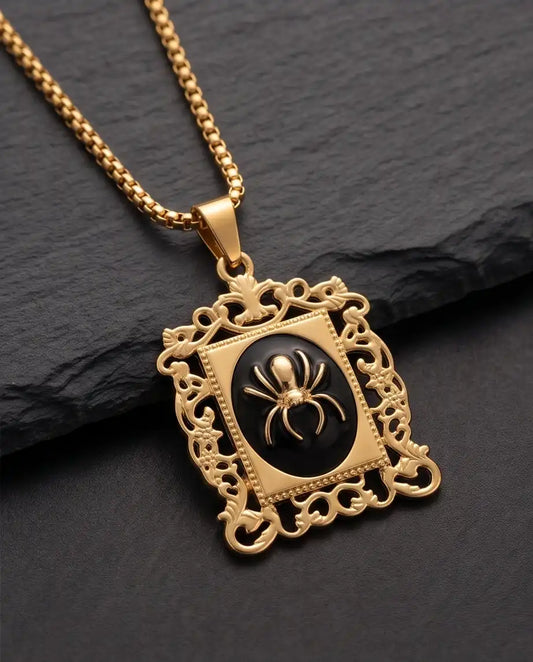 Ornate Golden Spider Filigree Cameo Pendant Box Chain