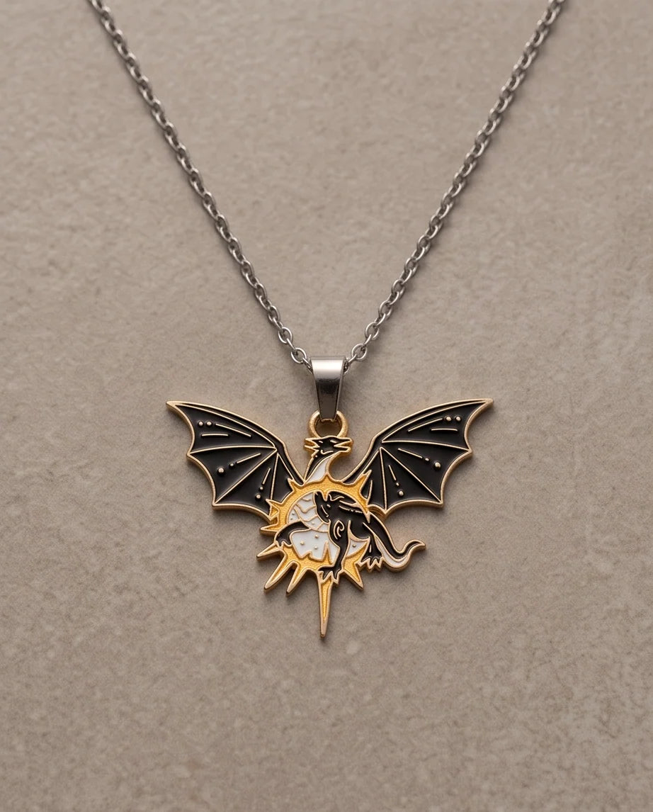 Gold Celestial Winged Dragon Enamel Pendant Necklace