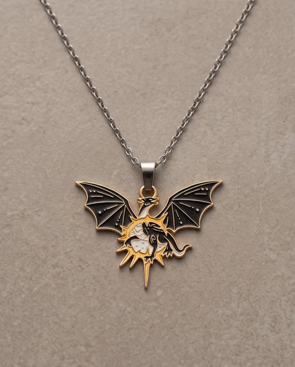 Gold Celestial Winged Dragon Enamel Pendant Necklace