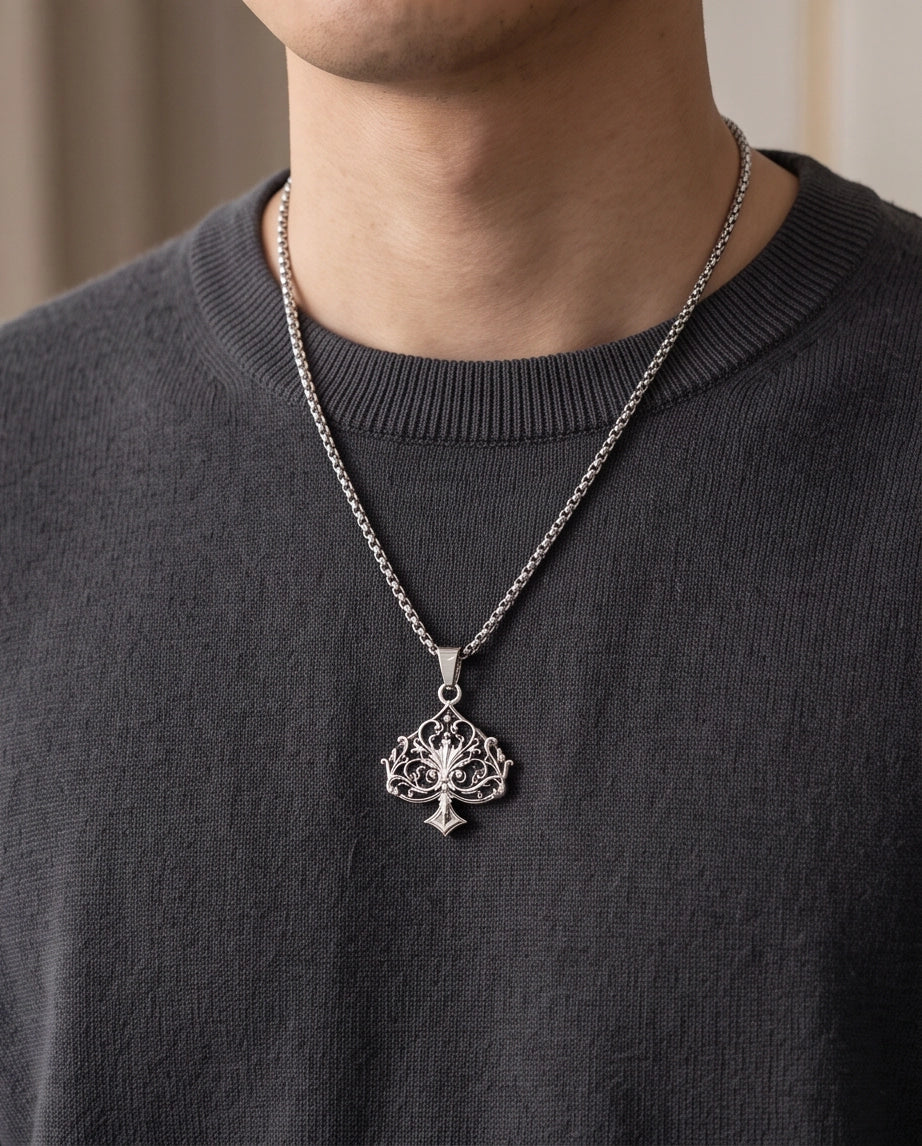 Silver Filigree Ace of Spades Pendant Necklace