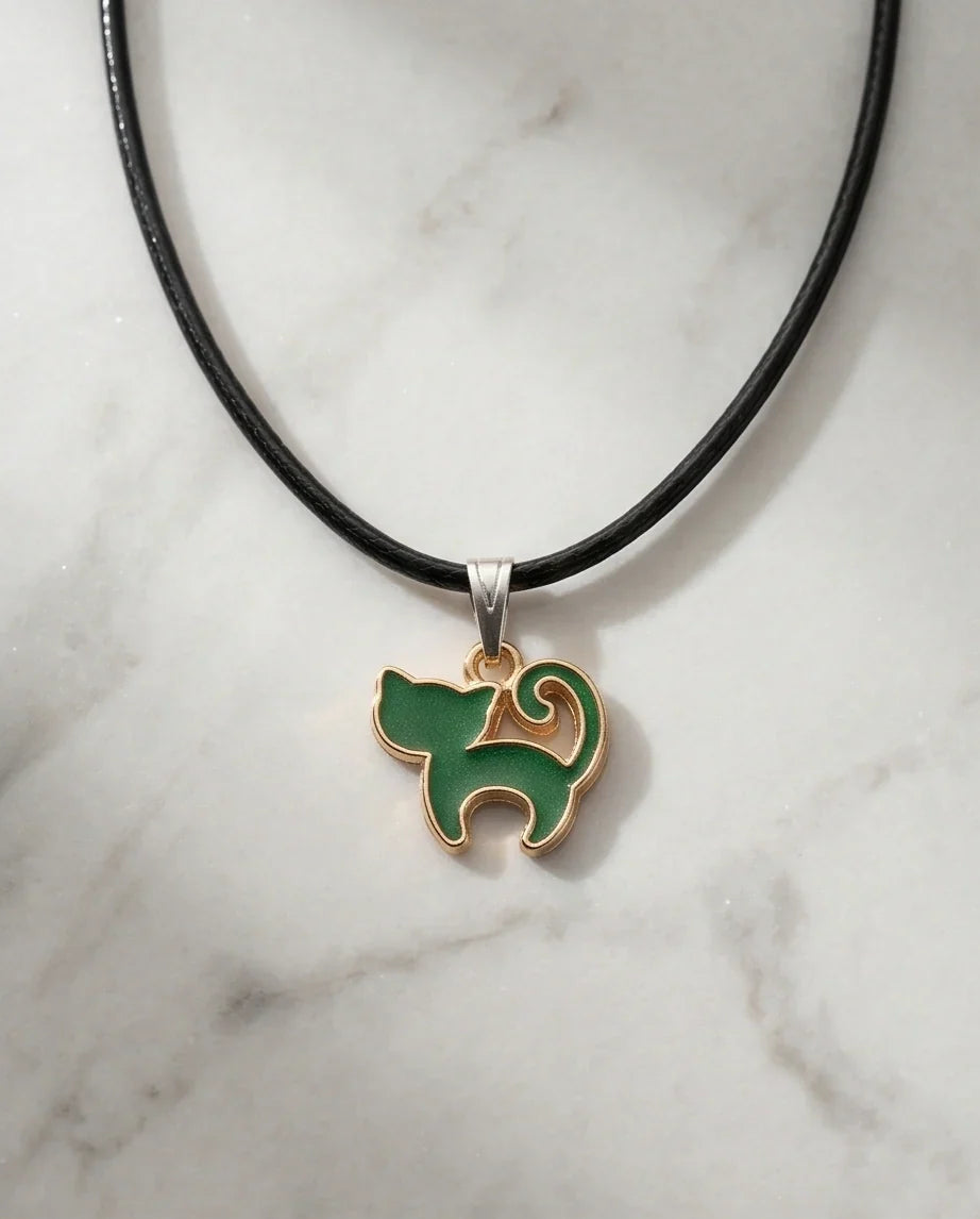 Gold and Green Cat Pendant Necklace