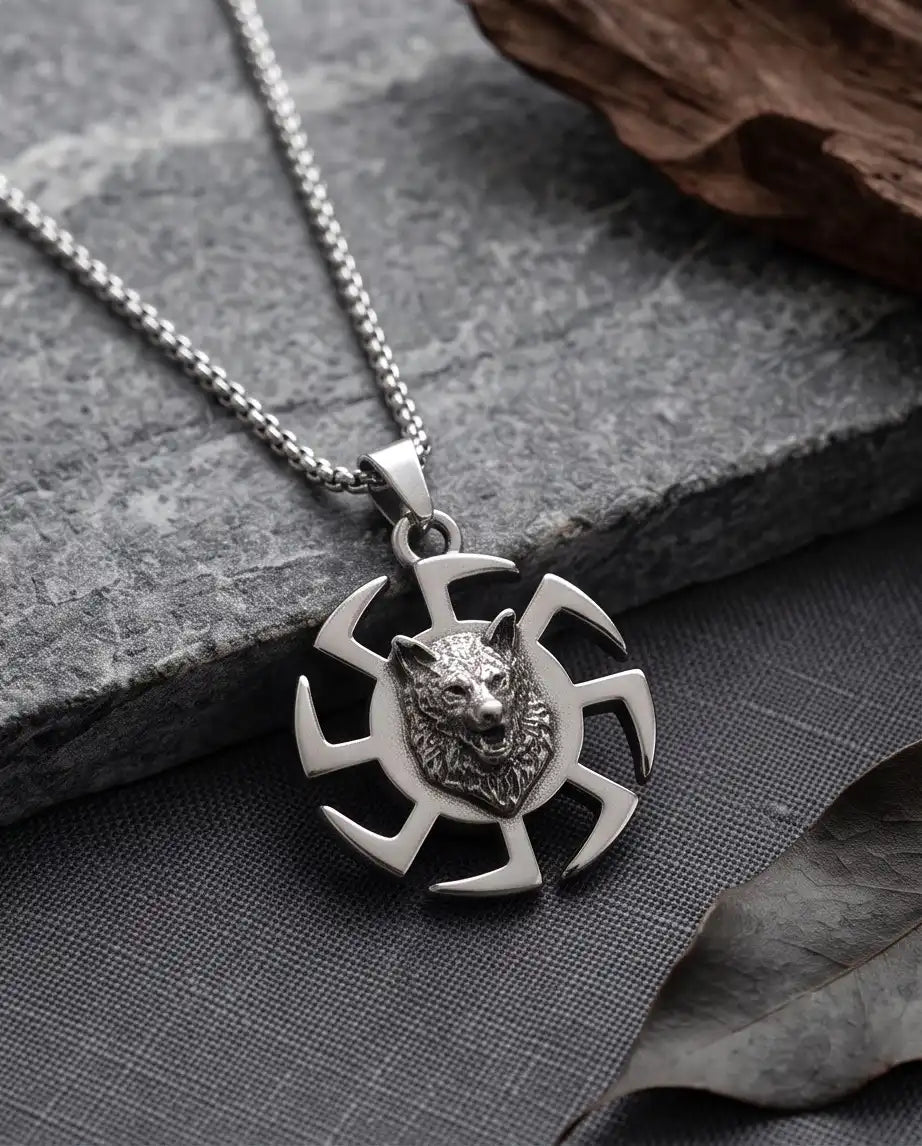 Black Sun Wolf Medallion Pendant Box Chain