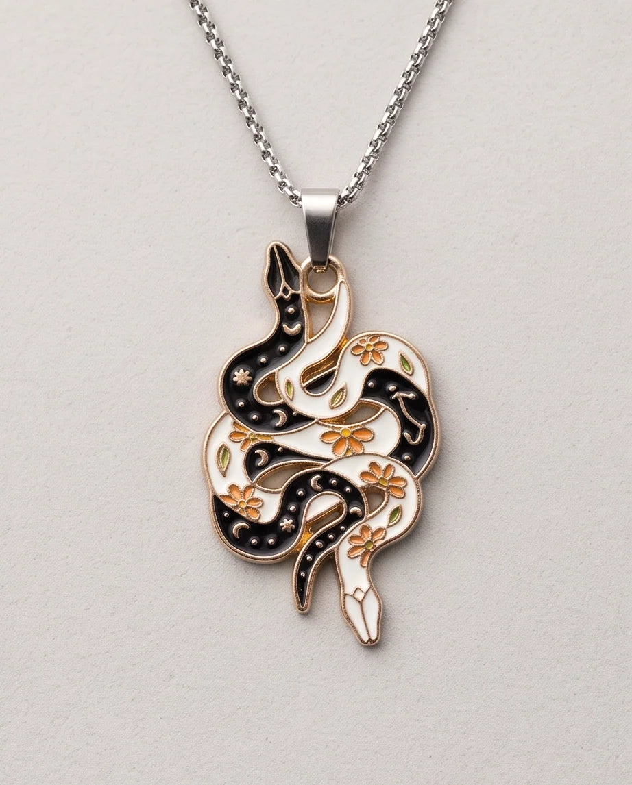 Gold Floral Serpent Enamel Pendant Necklace