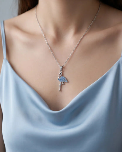 Silver Blue Crystal Paved Flamingo Pendant Necklace
