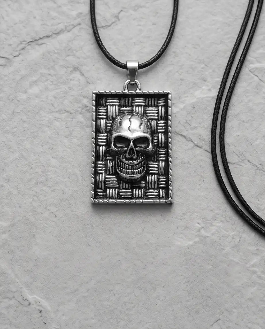 Gothic Skull Basketweave Tag Silver Box Chain Necklace
