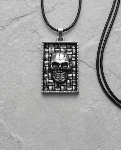 Gothic Skull Basketweave Tag Silver Box Chain Necklace