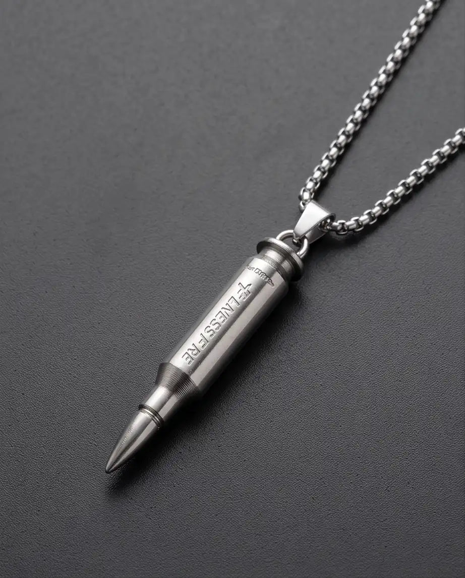 Engraved Bullet Pendant Silver Box Chain Necklace