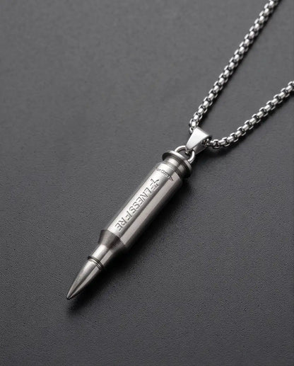 Engraved Bullet Pendant Silver Box Chain Necklace