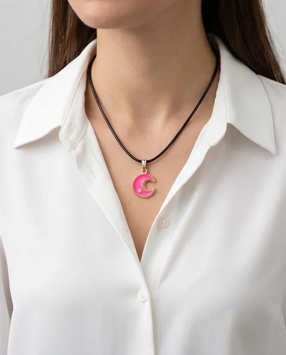 Gold and Pink Celestial Crescent Moon Necklace