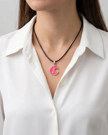 Gold and Pink Celestial Crescent Moon Necklace