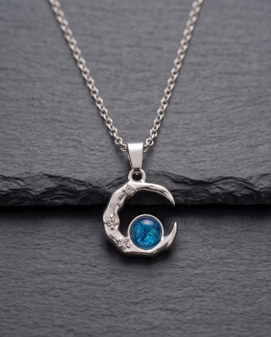 Silver Hammered Crescent Moon Blue Opal Orb Pendant Necklace
