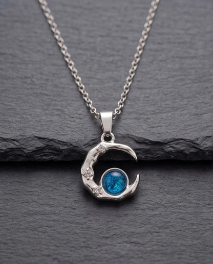 Silver Hammered Crescent Moon Blue Opal Orb Pendant Necklace