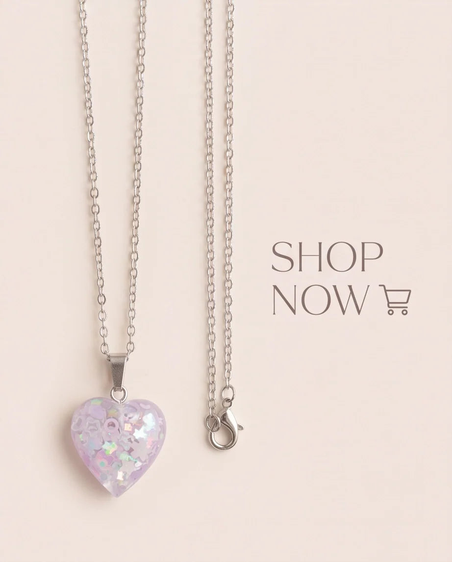 Silver Lavender Glitter Heart Resin Pendant Necklace