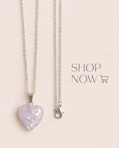 Silver Lavender Glitter Heart Resin Pendant Necklace
