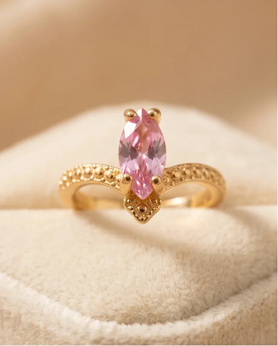 Vintage Gold Marquise Pink Tourmaline Milgrain Ring