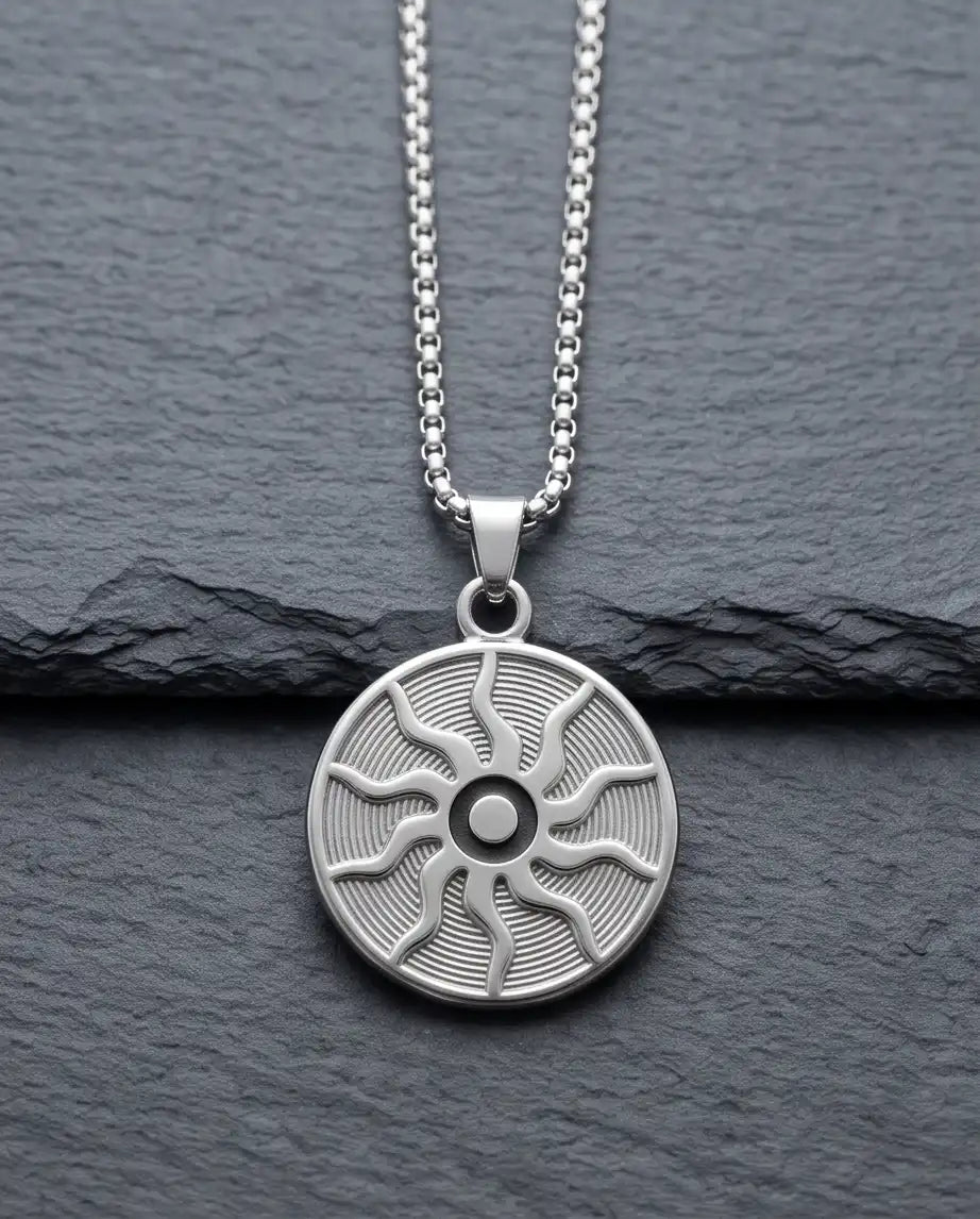 Silver Celestial Sunburst Medallion Cord Necklace