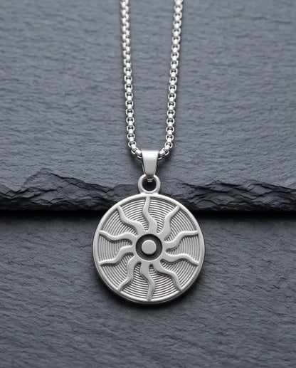 Silver Celestial Sunburst Medallion Cord Necklace