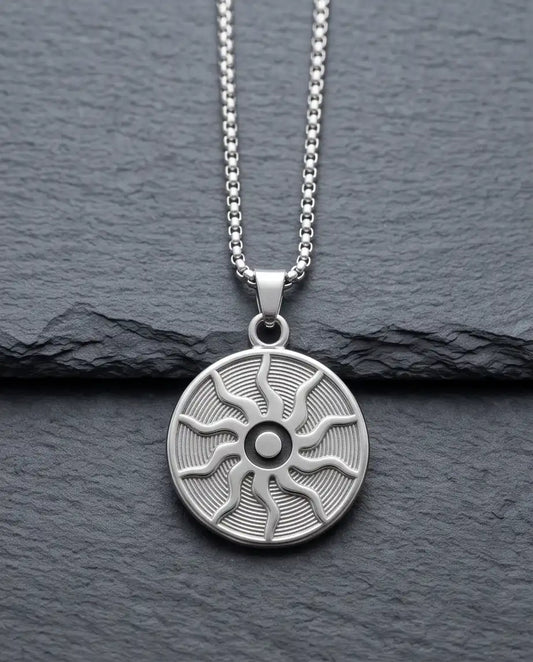 Silver Celestial Sunburst Medallion Cord Necklace