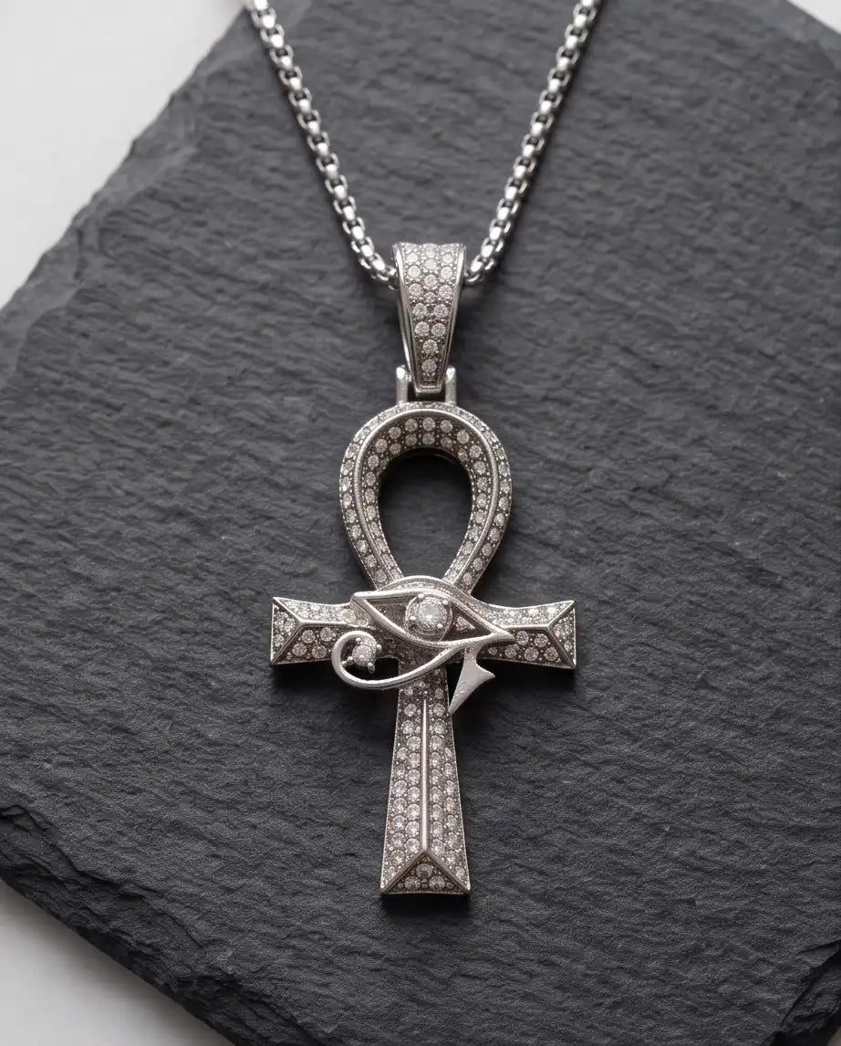Iced Egyptian Ankh Cross & Eye of Horus Pendant Silver Box Chain Necklace
