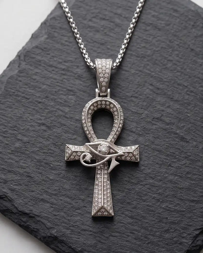 Iced Egyptian Ankh Cross & Eye of Horus Pendant Silver Box Chain Necklace