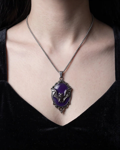 Antique Silver Gothic Bat Purple Enamel Medallion Chain Necklace