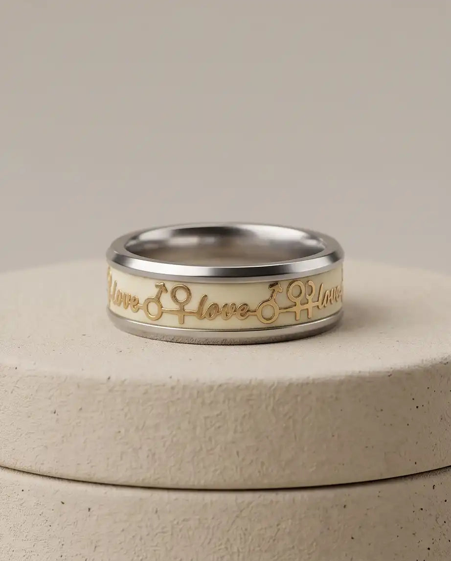 Gold Love Script and Gender Symbols Band Ring