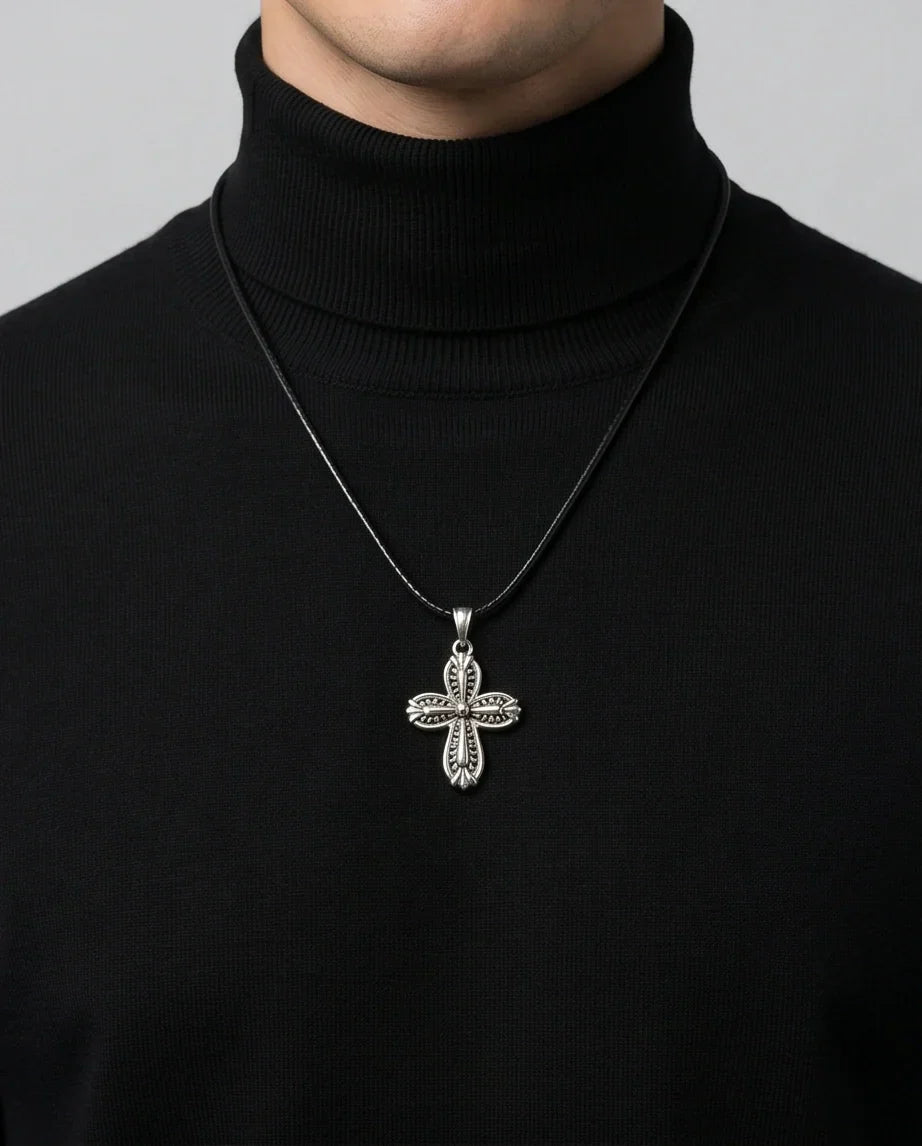 Silver Textured Petal Cross Necklace