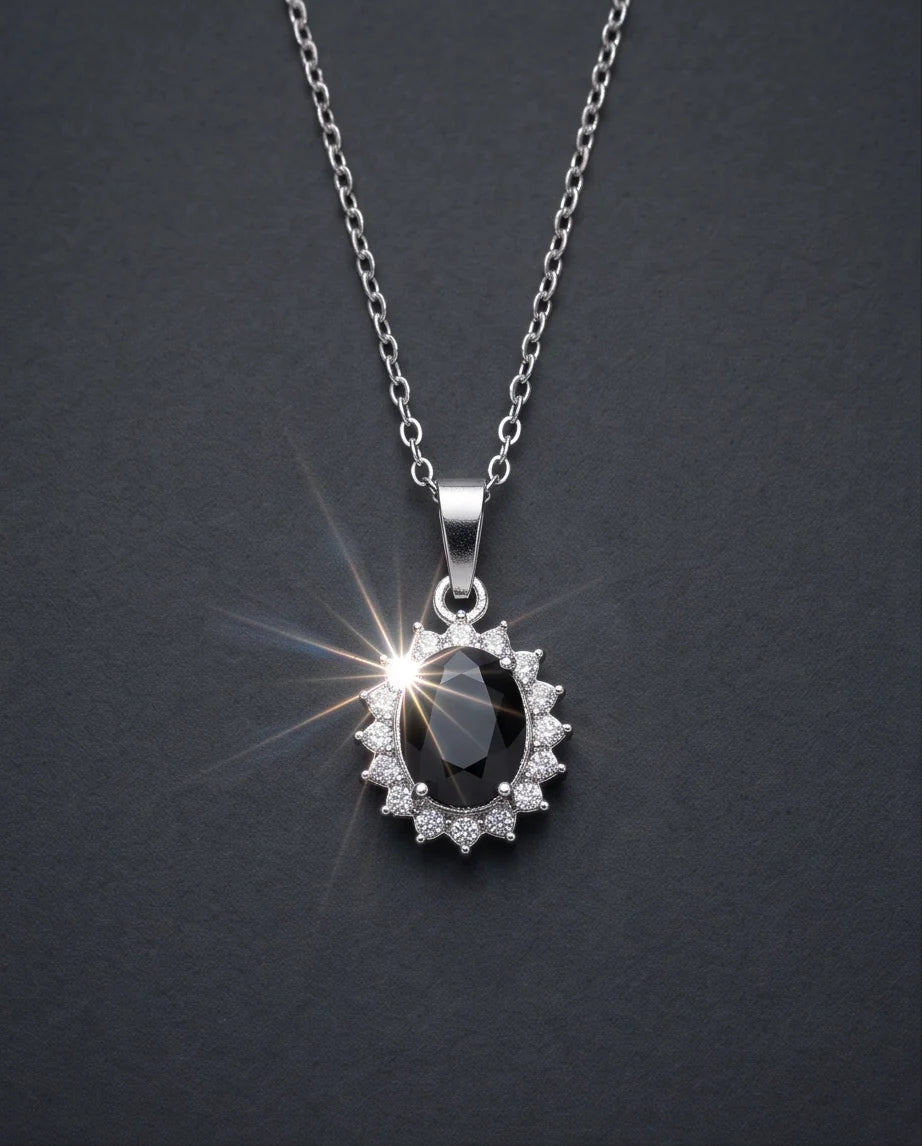 Silver Black Gem Oval Halo Medallion Pendant Necklace