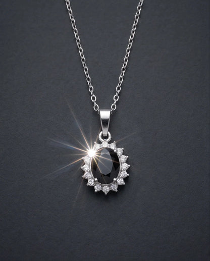 Silver Black Gem Oval Halo Medallion Pendant Necklace