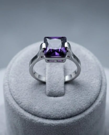 Sterling Silver Deep Amethyst Princess Cut Solitaire Ring