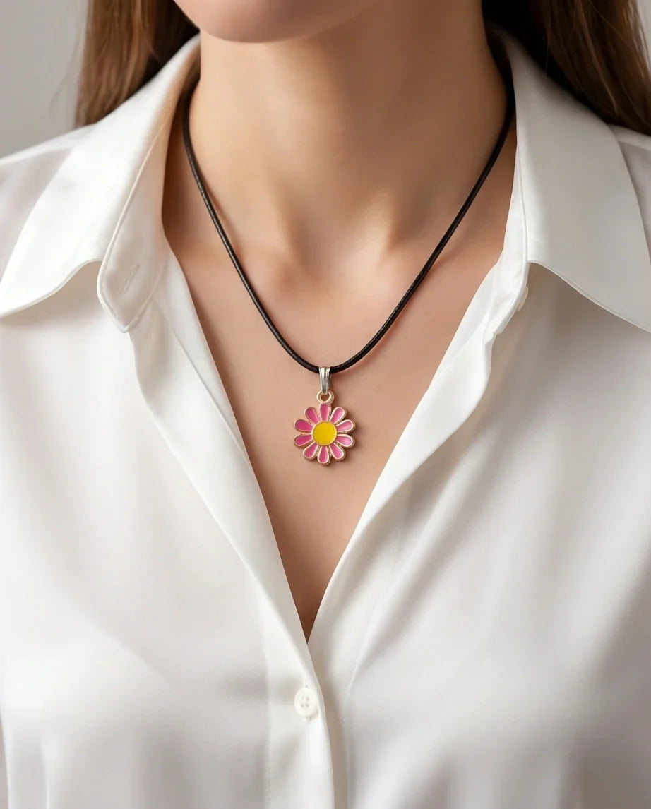 Pink Daisy Flower Enamel Pendant Choker Necklace