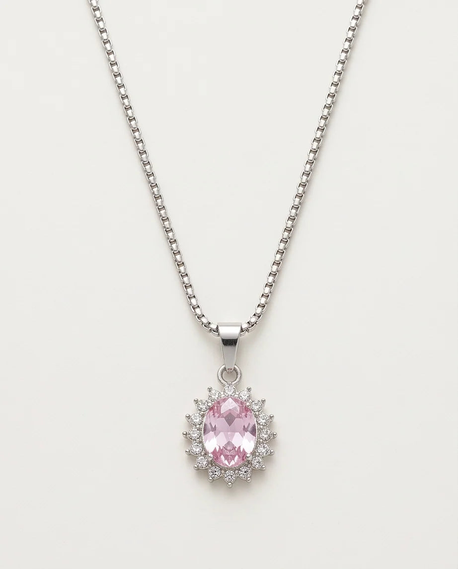 Silver Pink Crystal Oval Halo Medallion Pendant Necklace
