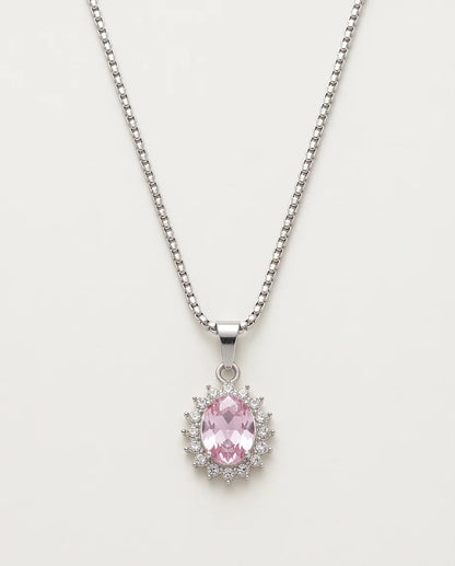 Silver Pink Crystal Oval Halo Medallion Pendant Necklace