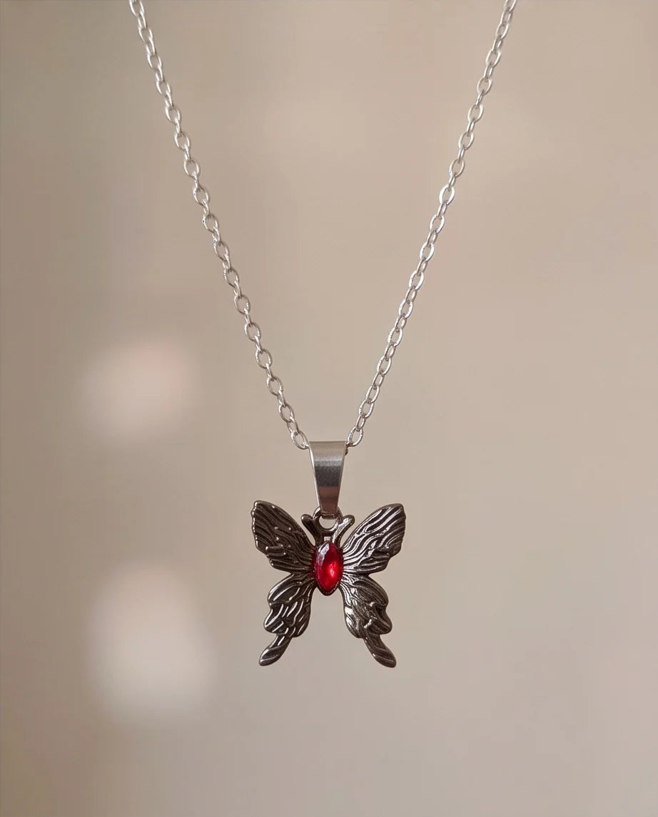 Black Textured Butterfly Red Gem Pendant Necklace