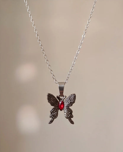 Black Textured Butterfly Red Gem Pendant Necklace