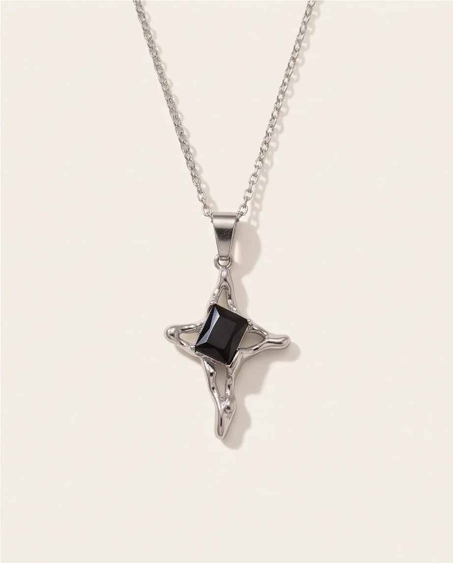 Silver Black Gemstone Gothic Cross Pendant Necklace