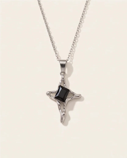 Silver Black Gemstone Gothic Cross Pendant Necklace