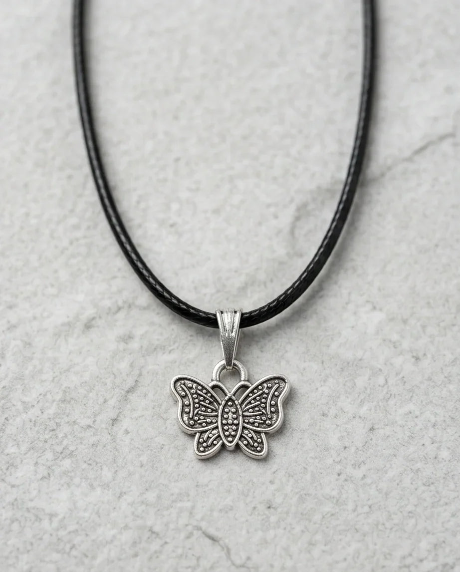 Silver Textured Butterfly Pendant Necklace